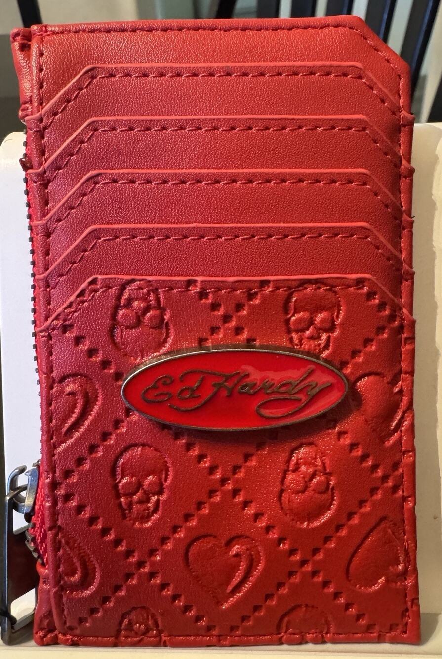 NWT Ed Hardy Red Embossed Skull Card Holder Wallet